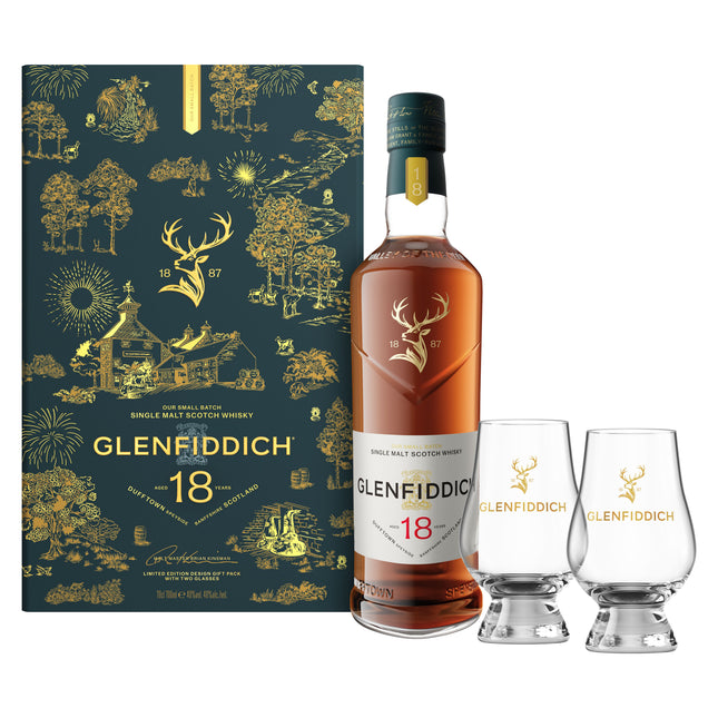Glenfiddich 18 Year Old Small Batch (Festive Limited Edition 2026 with Two Glasses)